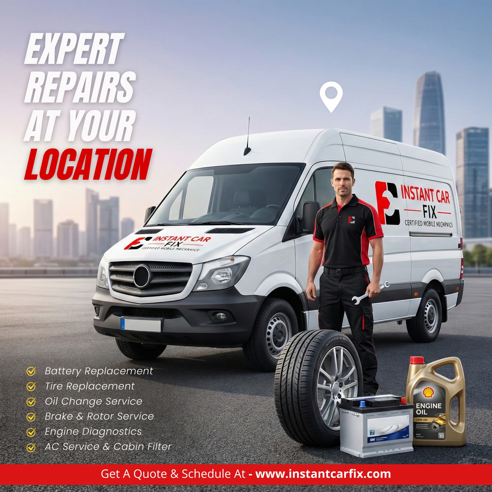 Certified mechanic performing a mobile brake repair and multi-point inspection at customer location